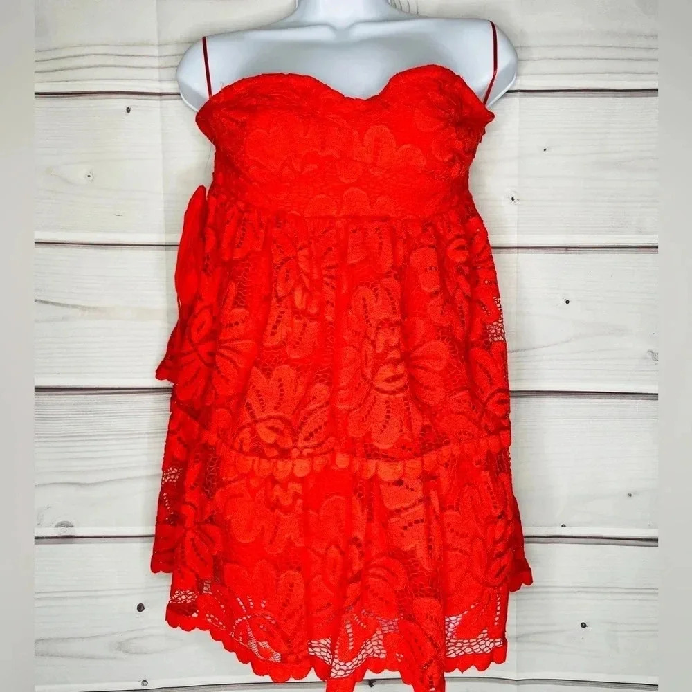Anthropologie x Maeve Strapless Mini Lace Tiered Dress Red Small Petite‎ NWT - Picture 1 of 4